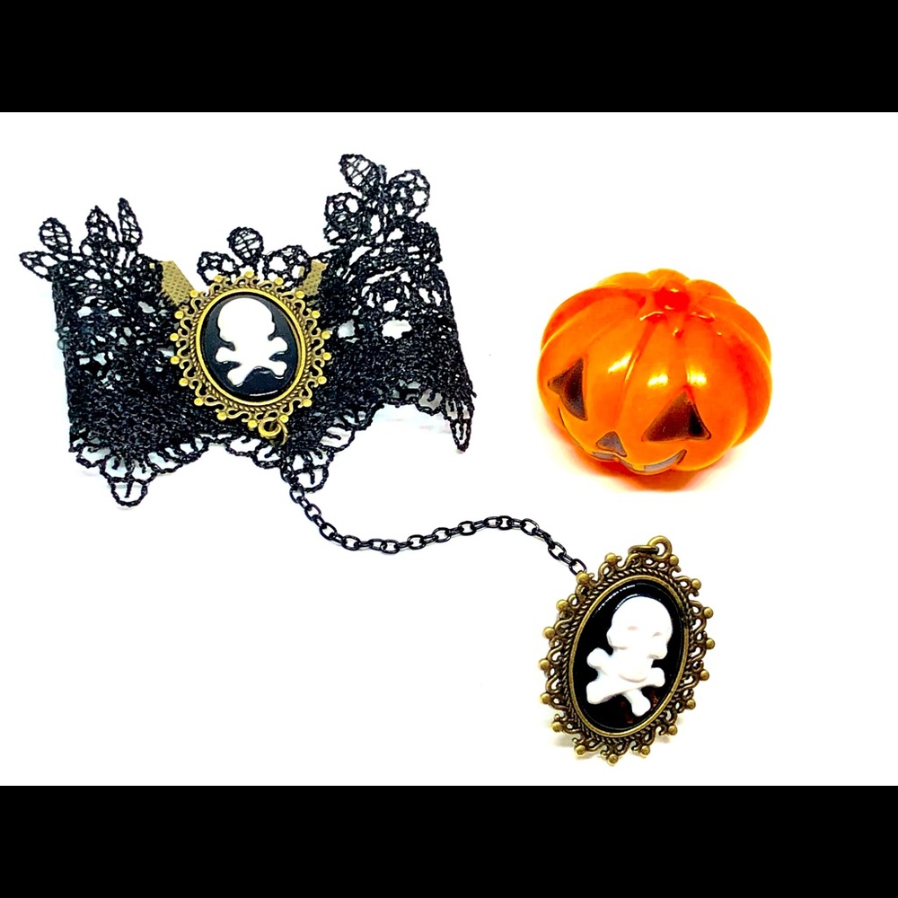Halloween Gothic Skull Cameo Black Lace Cuff Bracelet Bronze Ring Set with Chain